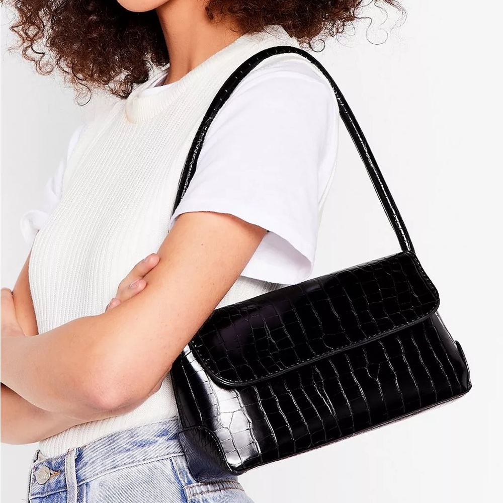 NWT Nasty Gal Black Crocodile Embossed Faux Leather Shoulder Bag